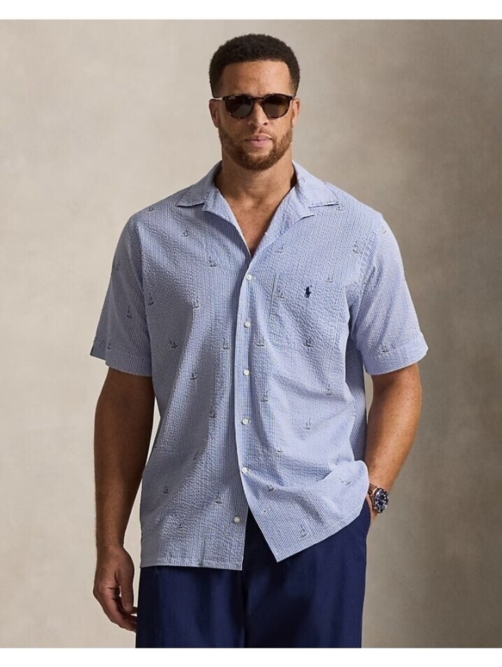 Polo Ralph Lauren Shirt Untucked  Seersucker Mens 2XB Striped Blu Wht Yell Pony